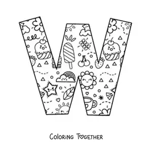 Coloring page of the letter W with cartoons