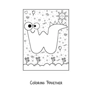 Coloring page of the cartoon letter W shaped like a monster