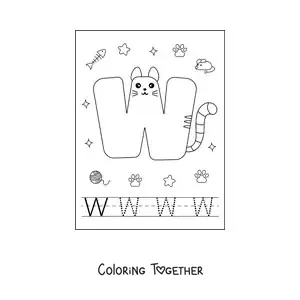 Coloring page of the cartoon letter W shaped like a cat