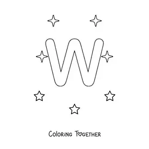 Coloring page of the uppercase letter W with stars