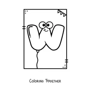 Coloring page of the cartoon letter W shaped like a balloon