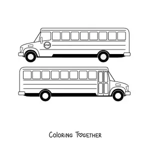 Coloring page of a school bus from two angles