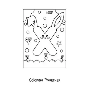 Coloring page of the letter X shaped like a cute kawaii cartoon bunny