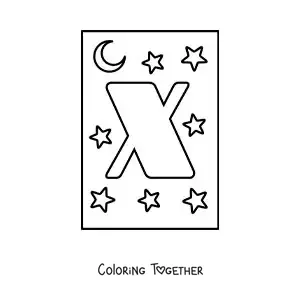 Coloring page of the uppercase letter X with stars and a moon