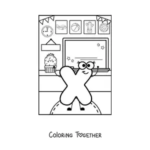 Coloring page of the cartoon letter X at school