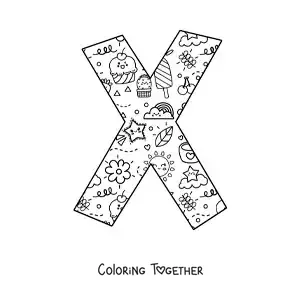 Coloring page of the letter X with cartoons