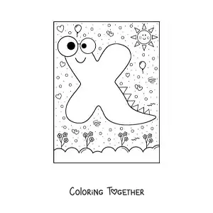 Coloring page of the cartoon letter X shaped like a monster
