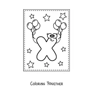 Coloring page of a cartoon uppercase letter X with balloons