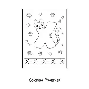 Coloring page of a cartoon letter X shaped like a cat