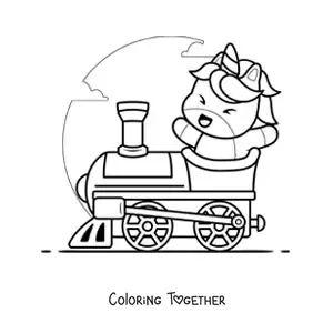Coloring page of a kawaii cartoon unicorn on a train