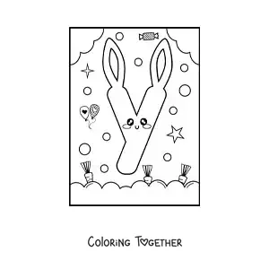 Coloring page of a letter Y shaped like a cute kawaii cartoon bunny