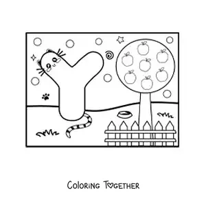 Coloring page of a cartoon letter Y shaped like a cat in the park