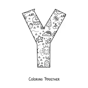 Coloring page of the letter Y with cartoons