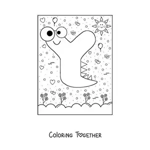 Coloring page of a cartoon letter Y shaped like a monster with cartoons
