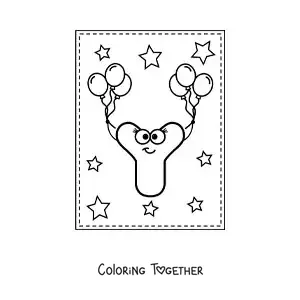 Coloring page of a cartoon uppercase letter Y with balloons