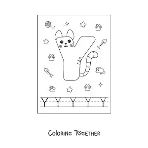 Coloring page of a cartoon letter Y shaped like a cat