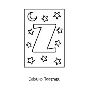 Coloring page of an uppercase letter Z with stars and a moon