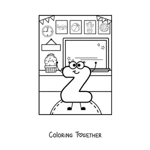 Coloring page of a cartoon letter Z at school