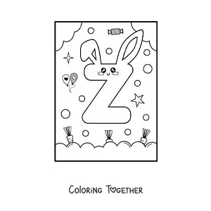 Coloring page of a letter Z shaped like a kawaii cartoon rabbit