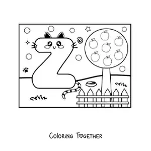Coloring page of a cartoon letter Z shaped like a cat in the park