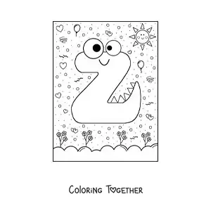 Coloring page of a cartoon letter Z shaped like a monster with cartoons