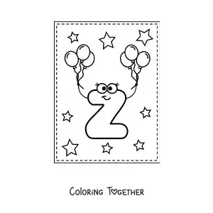 Coloring page of a cartoon uppercase letter Z with balloons