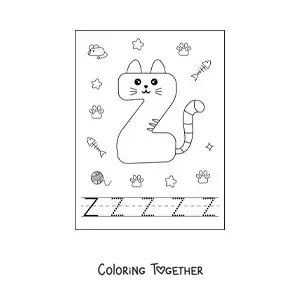 Coloring page of a cartoon letter Z shaped like a cat