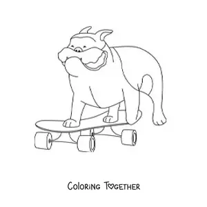 Coloring page of a bulldog riding a skateboard