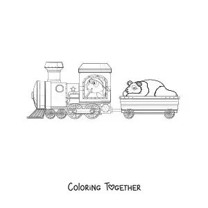Coloring page of two cartoon pandas on a train