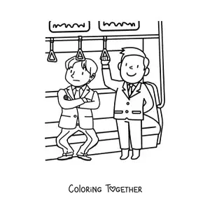 Coloring page of two men as passengers in a subway car