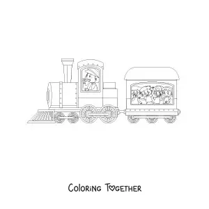 Coloring page of several children aboard a train