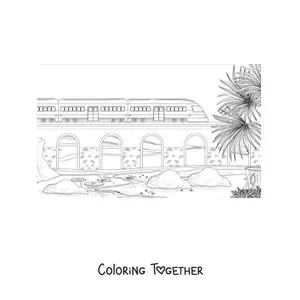 Coloring page of a train passing over a bridge