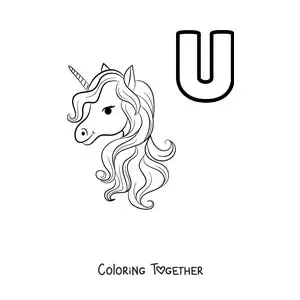 Coloring page of the letter u for unicorn