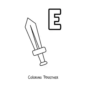 Coloring page of the letter e for sword