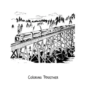 Coloring page of a train traveling over a bridge