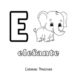 Coloring page of the letter e for elephant