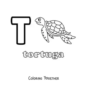 Coloring page of the letter t for turtle