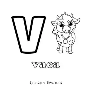 Coloring page of the letter v for cow
