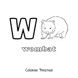 Coloring page of the letter w for wombat