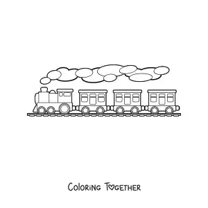 Coloring page of a steam train with three cars on rails
