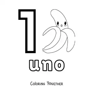 Coloring page of a number 1 card to learn to count with fruits
