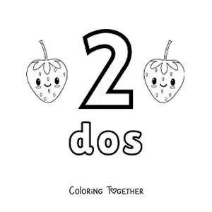 Coloring page of a number 2 card to learn to count with fruits