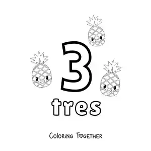 Coloring page of a number 3 card to learn to count with fruits