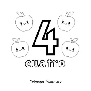 Coloring page of a number 4 card to learn to count with fruits