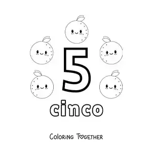 Coloring page of a number 5 card to learn to count with fruits