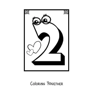 Coloring page of an animated number 2 worksheet to learn to count