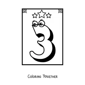 Coloring page of an animated number 3 worksheet to learn to count