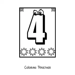 Coloring page of an animated number 4 worksheet to learn to count