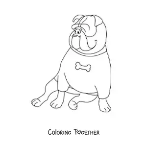 Coloring page of a bulldog sitting and wearing a shirt with a bone print