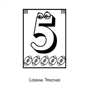 Coloring page of an animated number 5 worksheet to learn to count